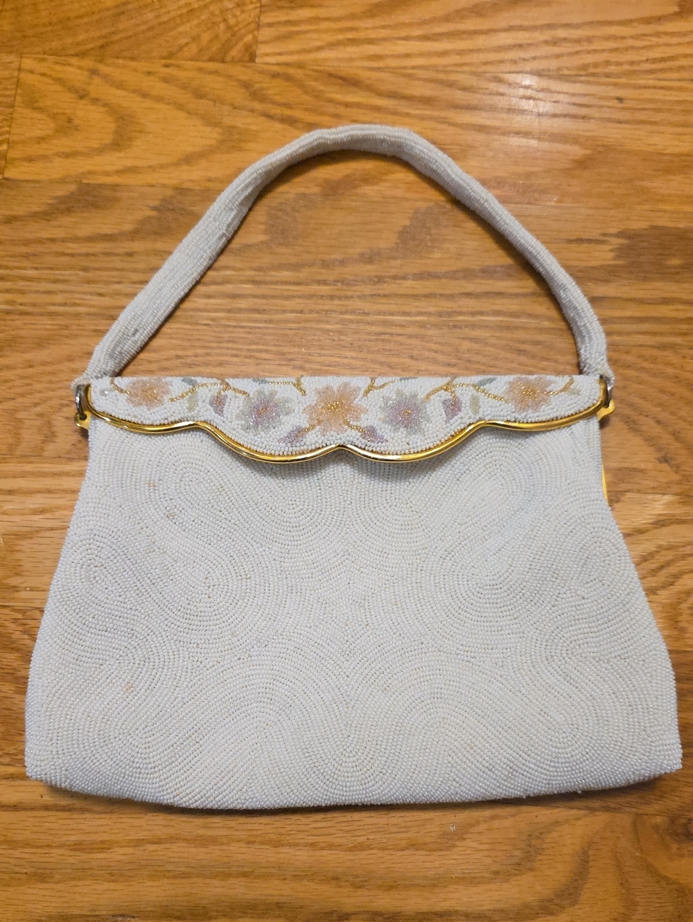 Vintage, HAND MADE Ivory Beaded Hand Bag with Floral Trim
